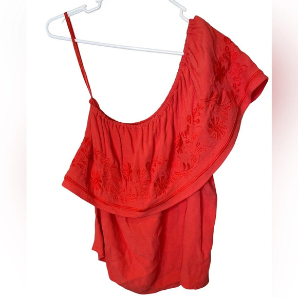 Rebecca Minkoff Rita One Shoulder Embroidered Coral Top Blouse Size Medium - Picture 3 of 8